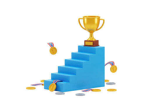 Golden trophy on blue steps with scattered medals isolated on transparent background