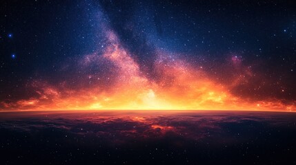 Fototapeta premium Cosmic Sunset: A Celestial Panorama of Fiery Hues and Starry Nights