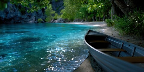 Clear turquoise water beside a sandy beach with a wooden boat resting under lush green trees in a serene location