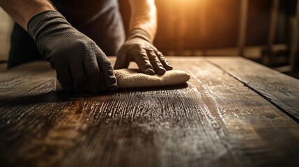 Gloved hands applying wood stain with a cloth, rich brown tones soaking into the grain, soft ambient light creating a warm, artisanal mood