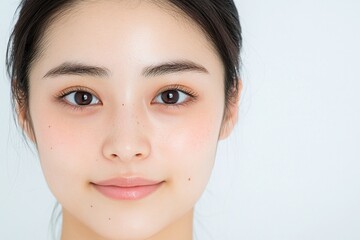 Fresh face young Asian woman, no makeup, natural beauty, healthy skin, minimal white background, clean skincare, serene expression, portrait, pure and glowing, youthfulness, real beauty


