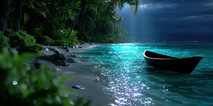 Moonlit beach with a small boat resting on calm waters near a tropical shoreline