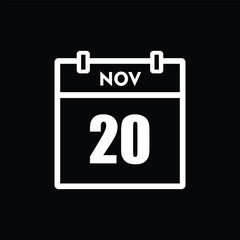 calender icon, 20 november icon with black background