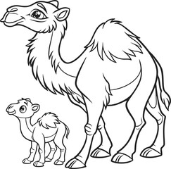 Parent and Baby Camel Outline Drawing for Coloring or Artwork

