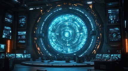 Fototapeta premium Futuristic Control Room with Glowing Portal