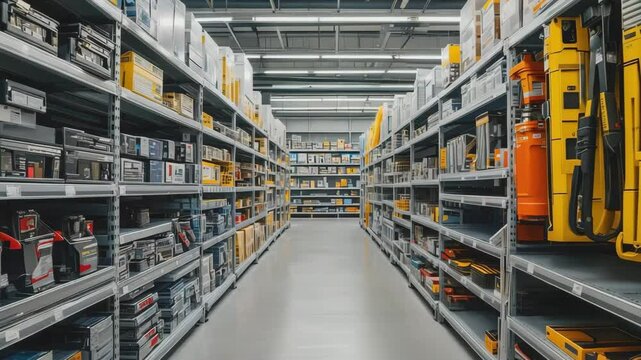 Long aisle view of a warehouse filled with shelves of industrial parts and supplies