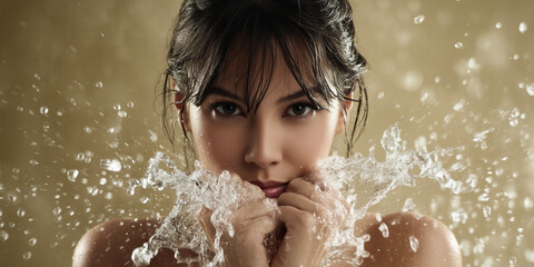 beautiful mid age woman washes her face with water, she has a serene expression, against a beige background, in an advertisement for a skin rejuvenation.