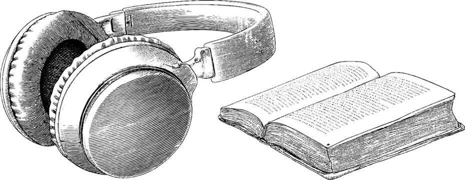 Engraved illustration of headphones and open book for music and reading enthusiasts