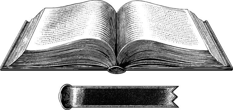 Vintage engraved illustration of open book and bookmark for literary design
