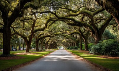 Sunlight filtering through a tree-lined avenue, perfect for a tranquil nature escape
