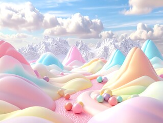 Colorful surreal landscape with soft pastel hills. 3D soft pop