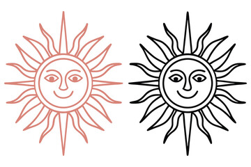 Hand Drawn Sun Faces Pink And Black Outlines with Smiling Expressions on White
