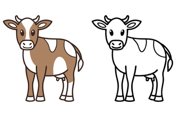Cartoon Cow with Brown and White Spots Outline on White