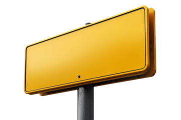 Empty yellow road sign on a pole, isolated on a transparent background