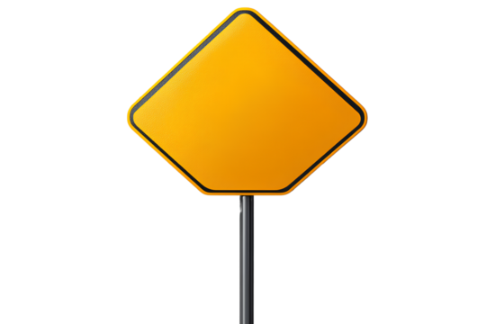 Empty yellow road sign on a pole, isolated on a transparent background