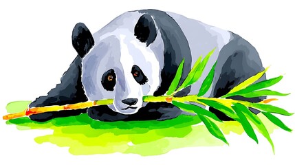 Watercolor painting of a giant panda relaxing, chewing on bamboo