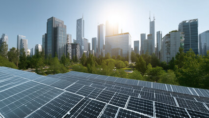 Solar Panels in Urban Landscape with City Skyline and Greenery