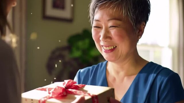 Woman receiving gift happy birthday celebration surprise present joy family love togetherness moment