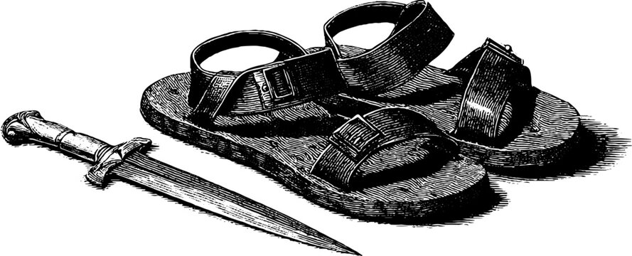 Ancient roman gladius and sandals engraved illustration for historical design