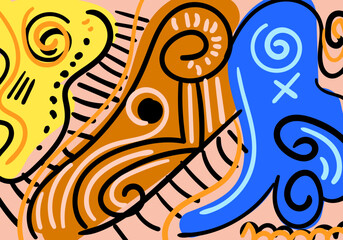 Colorful abstract illustration featuring dynamic tribal patterns