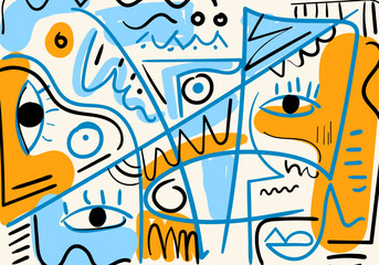 Modern abstract cubism illustration featuring stylized faces with bold lines