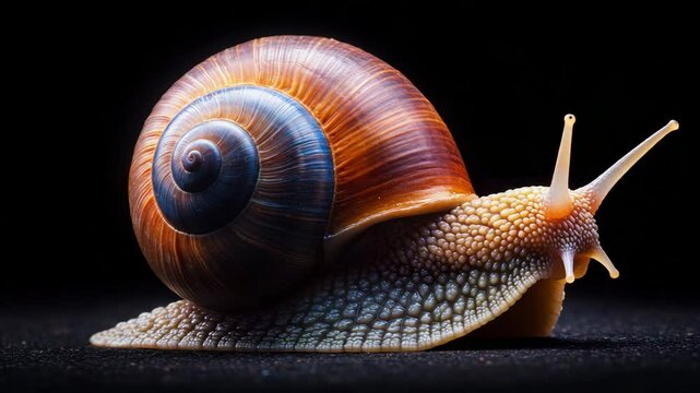 Close-Up of a Snail with Detailed Shell Texture on Black Background