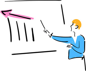 Minimal line art illustration of a businessman presenting a growth chart.