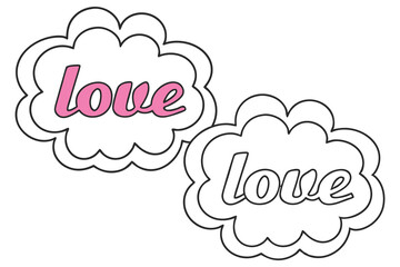 Two cute cloud shapes with love text vector, white cloud outline, pink letters
