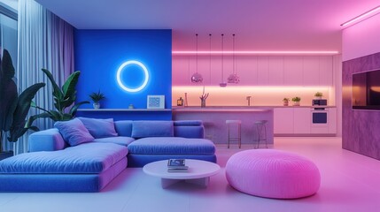 Modern apartment living room, kitchen, neon lights, night