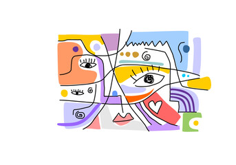 Colorful abstract cubism artwork featuring fragmented faces, expressive eyes, and dynamic shapes.