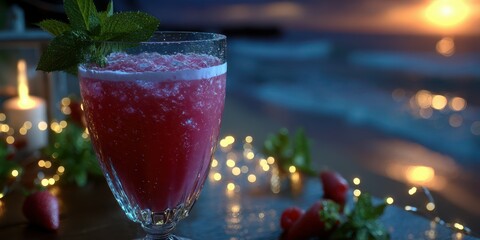 Refreshing cocktail served at twilight beachside with glowing lights and ocean waves in the background