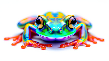 Fototapeta premium Stunningly colorful futuristic frog posed close up with vibrant blue, green, yellow, and orange hues white background, showing detailed eyes