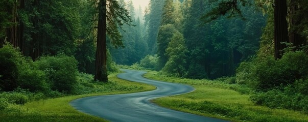 Obraz premium Serpentine road winding through a lush forest.