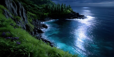 Fototapeta premium Majestic coastal landscape at dusk showcasing vibrant waters and lush greenery in a serene atmosphere