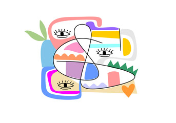 Colorful abstract cubism artwork featuring fragmented faces, expressive eyes, and dynamic shapes.