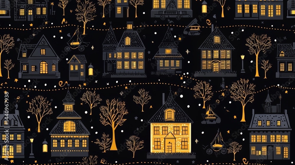 Poster black and gold patterned fabric with houses and trees. the houses are small and the trees are bare. 