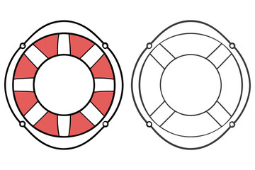 Naklejka premium Two Lifebuoys with Red and White Stripes on a Transparent Background, Line Art