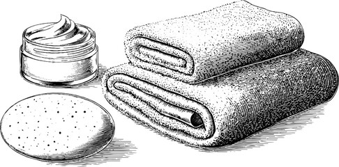 Elegant engraved illustration of facial sponge, cream jar, and towels for skincare and spa design