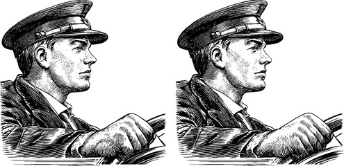 Fototapeta premium Vintage engraving of bus driver in uniform — transportation and travel theme