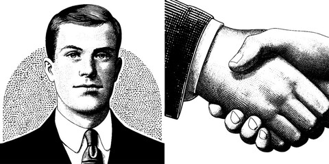 Engraved businessman portrait and handshake concept for professional design