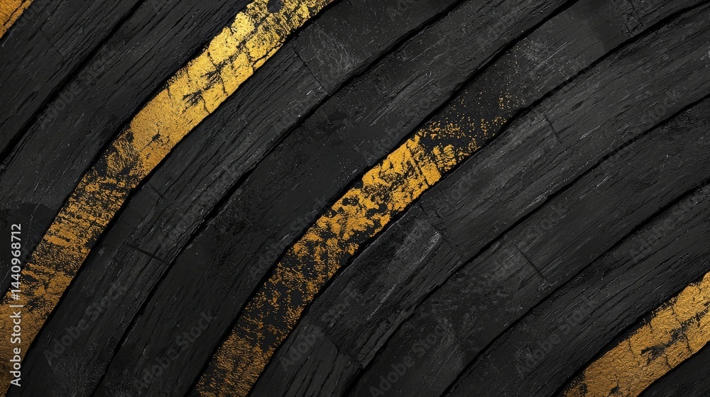 Poster black and gold striped background with a yellow line running through it. the stripes are bold and st