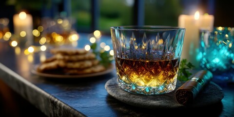Relaxing evening with whiskey, candles, and cookies at a cozy setting illuminated by soft lights
