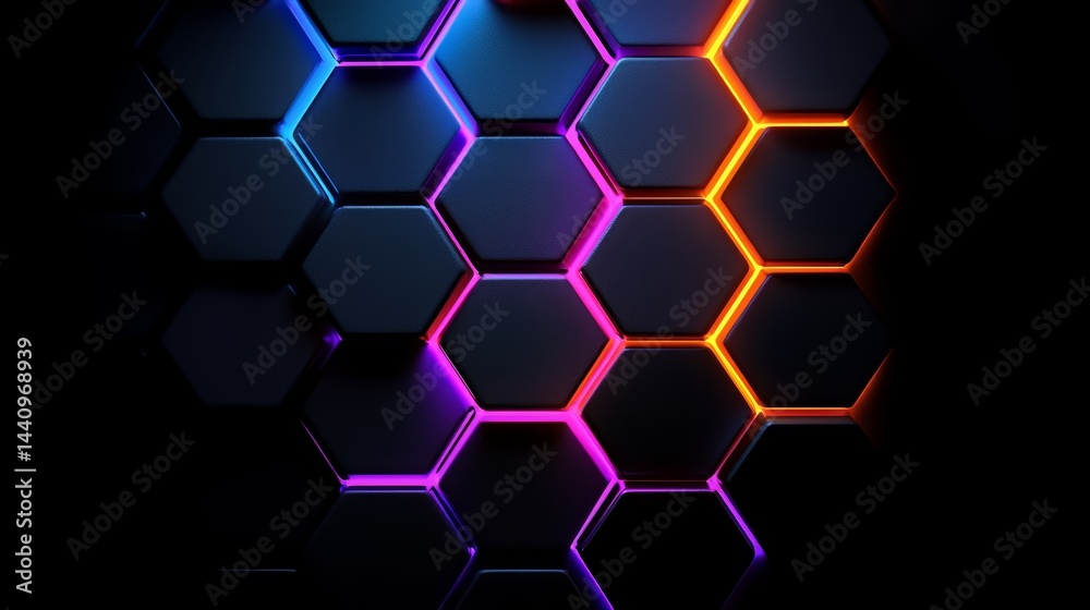 Aufkleber black and orange hexagonal pattern with neon lights. the pattern is made up of squares and triangles