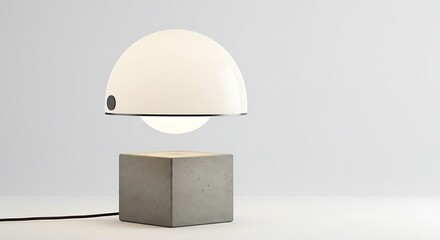 Table lamp with raw concrete base and floating dome supported by magnetism, minimalist and industrial design.