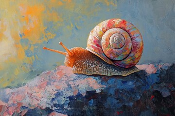 Snail exploring a vibrant rock under soft morning light in a serene landscape, snail in morning light