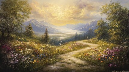 An opulent impasto oil painting in the baroque style of Dutch Golden Age still life, featuring a majestic a serene landscape with a winding road disappearing into misty mountains. © Tanvir