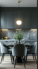 Stylish modern dining area with elegant furniture and chic decor featuring a striking pendant light