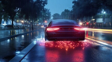 Modern car equipped with automatic emergency braking system. Sensor lights show on wet road. System detects possible collision. Night time. City street.