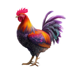Fototapeta premium Vibrant colorful rooster illustration detailed feathers bird art red pink on transparent background