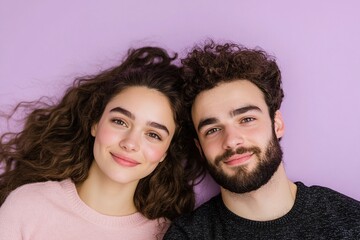 Smiling couple laying together on pastel purple background with heads touching, romantic young love portrait in soft light with minimal styling

